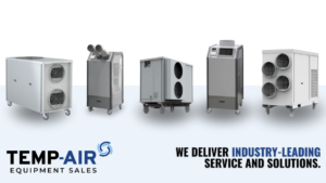 Five different models of commercial and industrial portable HVAC units lined up side by side. The bottom left features the Temp-Air Equipment Sales logo, and the bottom right displays the text "We deliver industry-leading service and solutions," serving as the featured image for a blog post reviewing the top 4 portable HVAC brands.