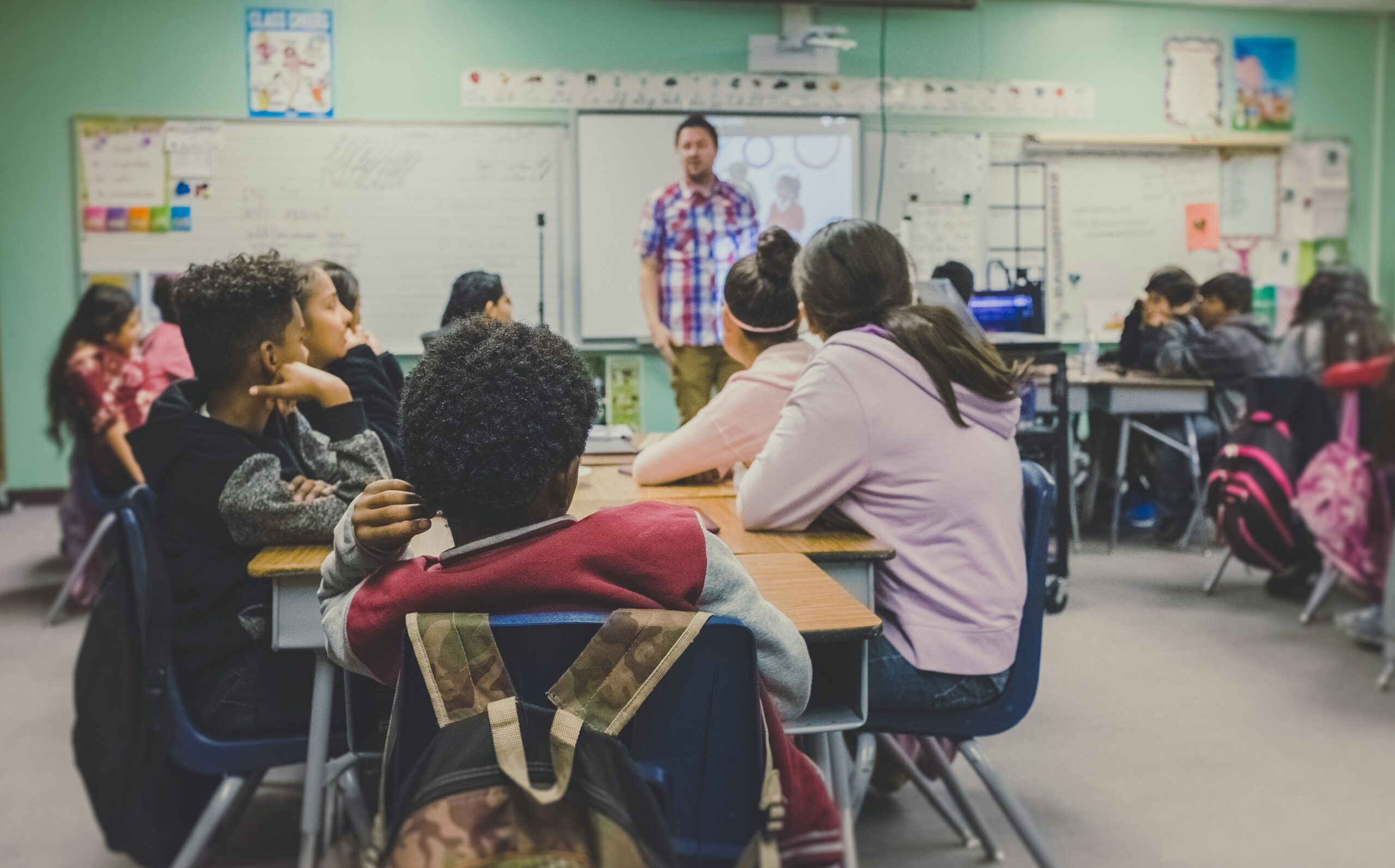 Several students in a classroom facing their teacher. The image is taken from the backs of the students who are all facing the teacher at the front of the room.