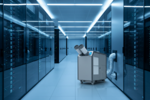 A modern industrial portable cooling unit is deployed in a high-tech server room to manage heat density.