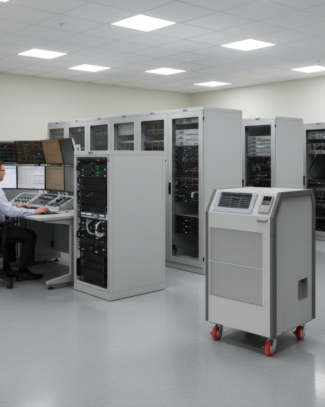 An industrial portable air conditioner positioned in a computer room to mitigate heat spikes. This visual demonstrates how spot cooling protects mission-critical IT infrastructure from overheating during primary HVAC failures.
