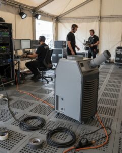 A large commercial portable air conditioning unit cooling a temporary tech production suite in a tented venue. The unit provides essential climate control for high-end computer servers and three technical workers in black uniforms, illustrating how portable HVAC solutions boost worker productivity and protect sensitive electronics during events in the hot Waco, Texas climate.