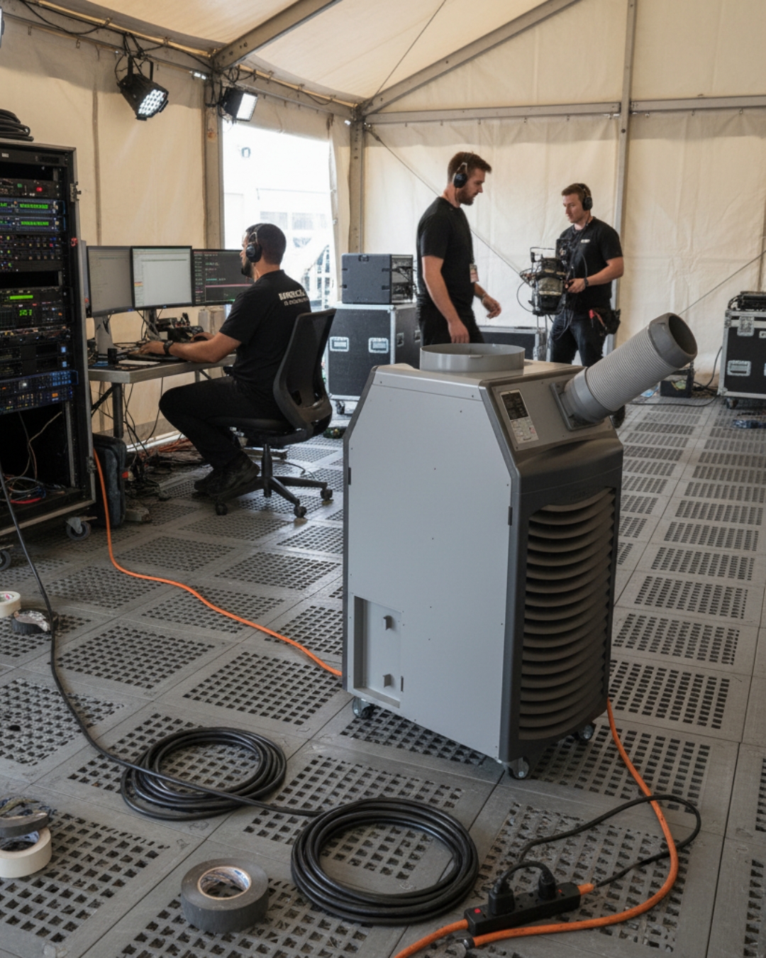 A large commercial portable air conditioning unit cooling a temporary tech production suite in a tented venue. The unit provides essential climate control for high-end computer servers and three technical workers in black uniforms, illustrating how portable HVAC solutions boost worker productivity and protect sensitive electronics during events in the hot Waco, Texas climate.