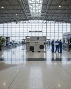 High-performance industrial HVAC maintenance at a major transportation hub. Technical experts performing a system audit on a large-scale commercial cooling unit, demonstrating the expertise required for full-service facility management and digital marketing for industrial sectors.