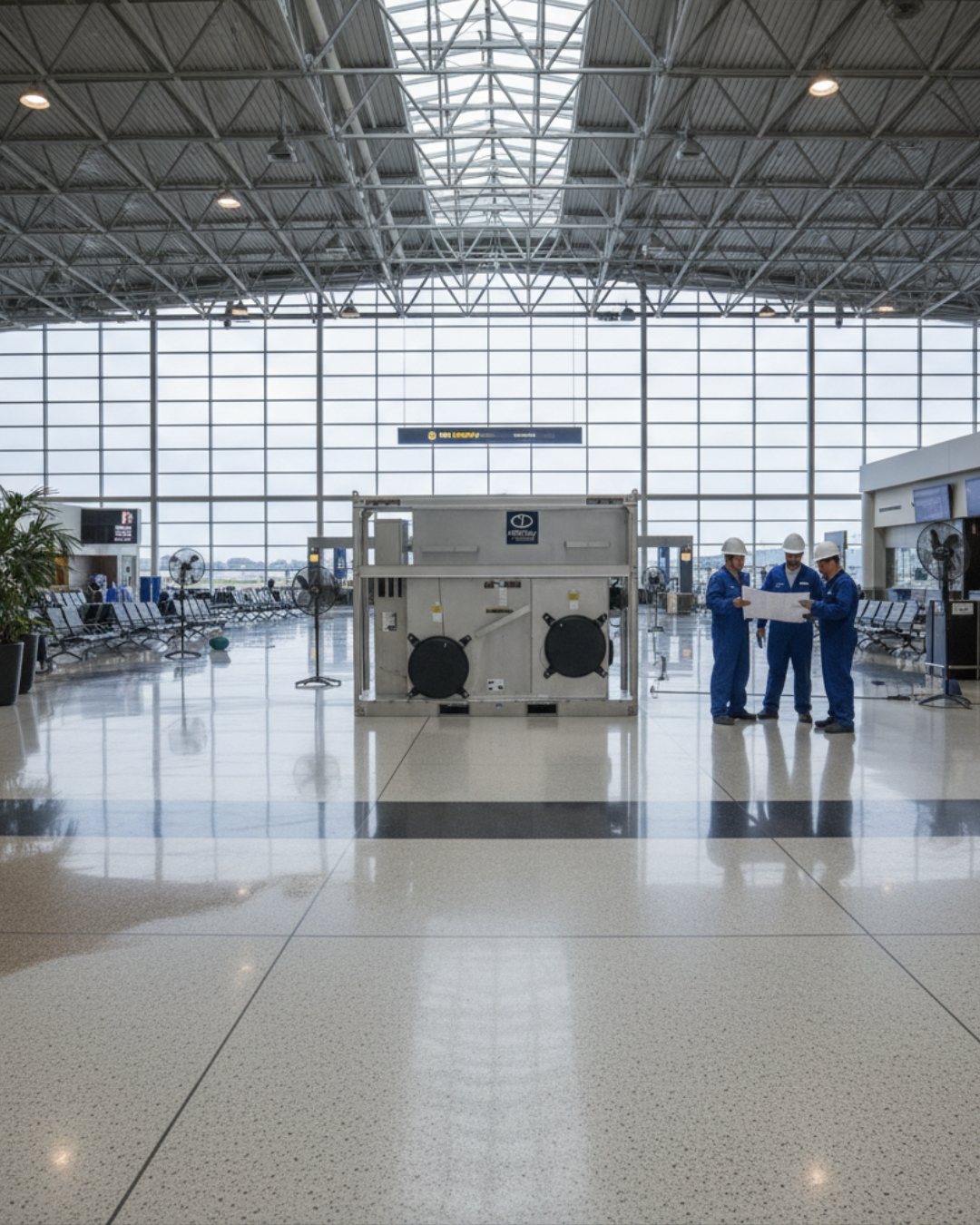 High-performance industrial HVAC maintenance at a major transportation hub. Technical experts performing a system audit on a large-scale commercial cooling unit, demonstrating the expertise required for full-service facility management and digital marketing for industrial sectors.