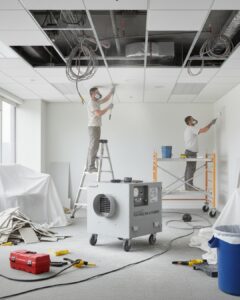 Two construction professionals wearing protective respirators and safety gear work on a commercial interior renovation. One worker stands on a ladder adjusting ceiling tiles while the other stands on scaffolding painting a wall. In the center of the room, a large grey portable air scrubber is in operation to manage dust and maintain air quality, showcasing essential equipment for safe indoor construction and remediation projects in Waco, Texas.