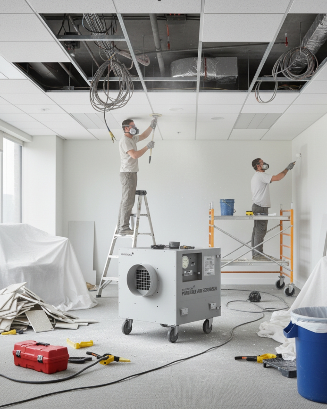 Two construction professionals wearing protective respirators and safety gear work on a commercial interior renovation. One worker stands on a ladder adjusting ceiling tiles while the other stands on scaffolding painting a wall. In the center of the room, a large grey portable air scrubber is in operation to manage dust and maintain air quality, showcasing essential equipment for safe indoor construction and remediation projects in Waco, Texas.