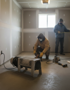 Portable industrial heater warming up a residential construction site during a job completion.