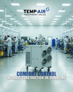 Airrex by TEMP-AIR Equipment Sales industrial portable heat pump on wheels with dual cool-air ducts, featuring corporate branding and the slogan "Comfort Control."