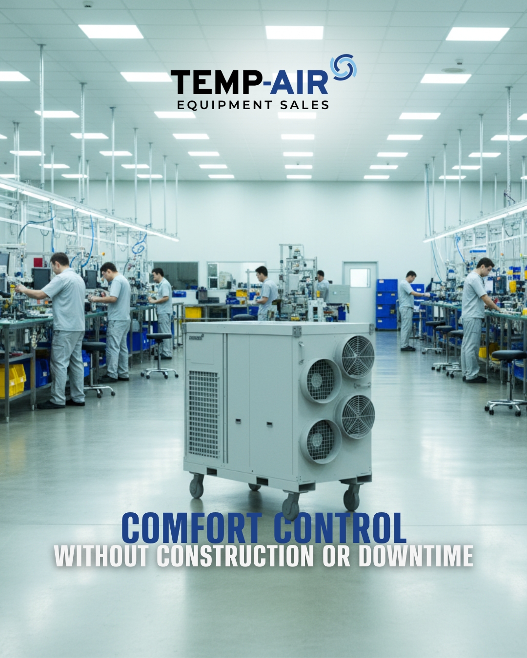 Airrex by TEMP-AIR Equipment Sales industrial portable heat pump on wheels with dual cool-air ducts, featuring corporate branding and the slogan "Comfort Control."