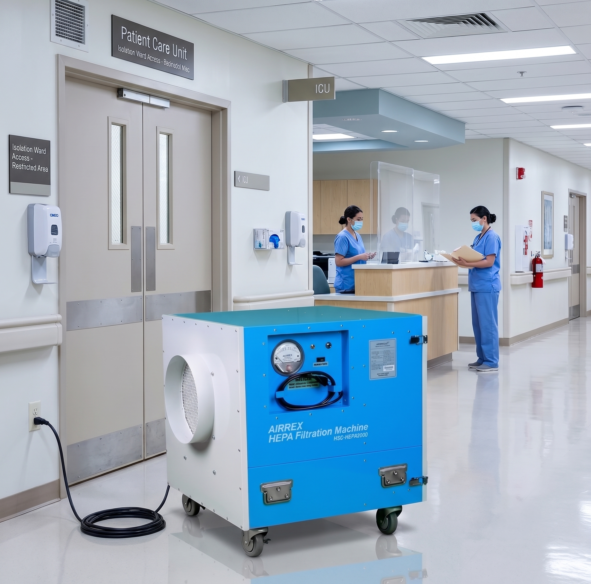 Portable medical-grade air scrubber with HEPA filtration system, deployed for infection control and ICRA compliance in a healthcare facility.