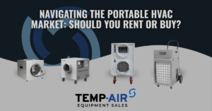 Featured image for a blog post titled "Navigating the Portable HVAC Market: Should You Rent or Buy?" with TEMP-AIR Equipment Sales branding.