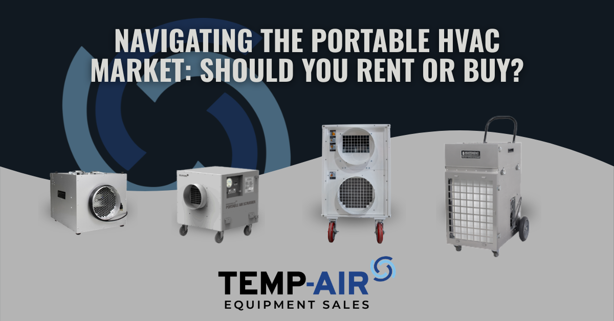 Featured image for a blog post titled "Navigating the Portable HVAC Market: Should You Rent or Buy?" with TEMP-AIR Equipment Sales branding.