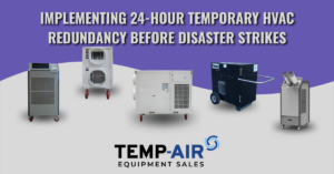 Featured image for a blog post titled "Implementing 24-Hour Temporary HVAC Redundancy Before Disaster Strikes" featuring a blue background layout.