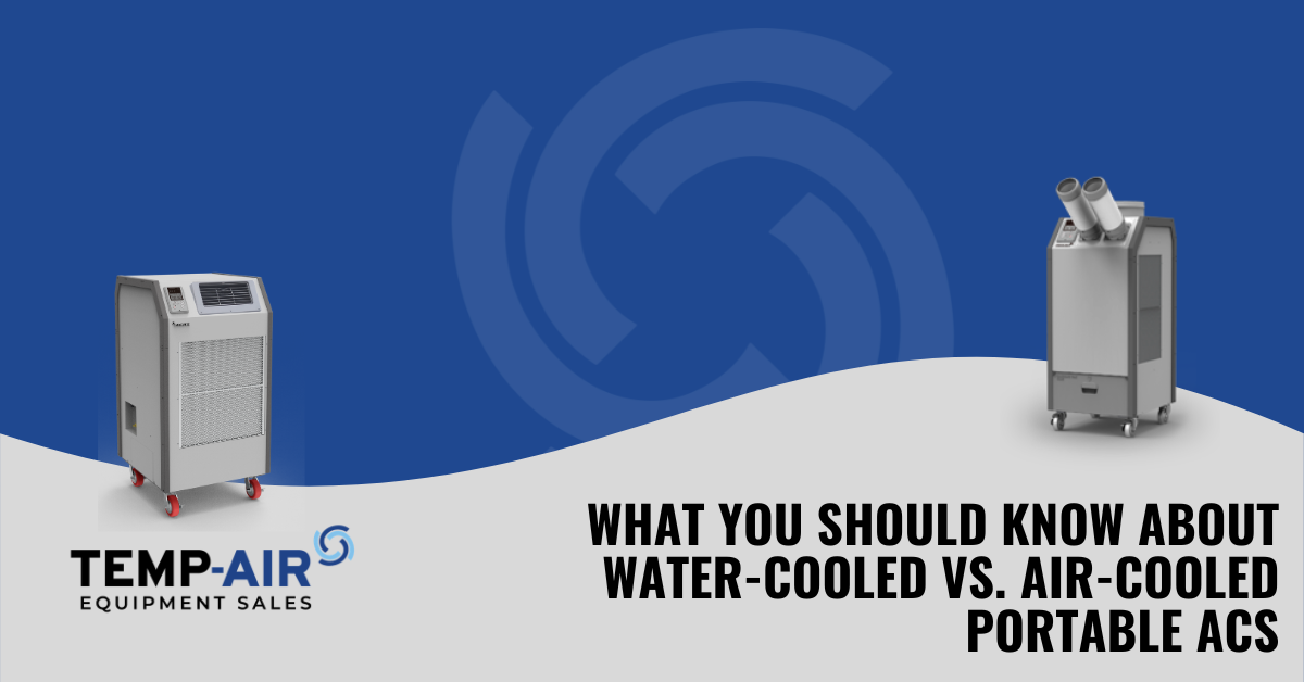 TEMP-AIR graphic with a blue geometric background featuring the blog title text, "What You Should Know About Water-Cooled vs. Air-Cooled Portable ACs."